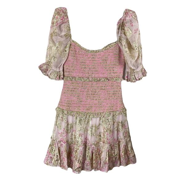 nwot HEMANT NANDITA Dress S Pink Floral Lyrics Tiered Smocked Puff-½-Sleeve Mini - Picture 4 of 16